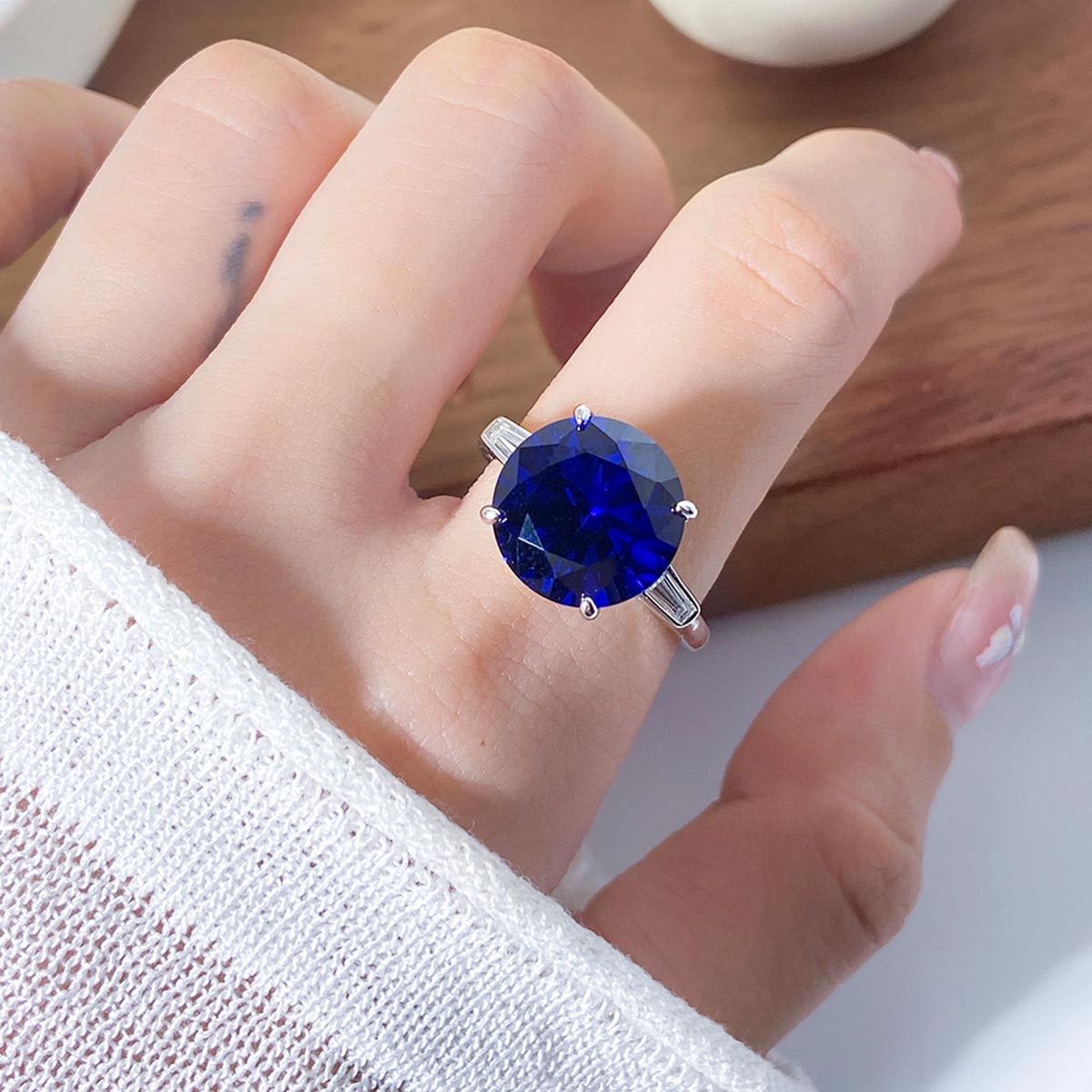 Round Lab Sapphire Three Stone Engagement Ring with Moissanite Side Stone