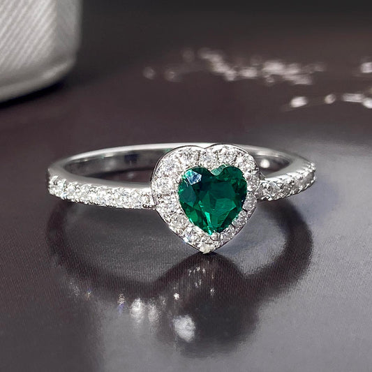 Heart Lab Emerald Halo Engagement Ring with Moissanite Side Stones