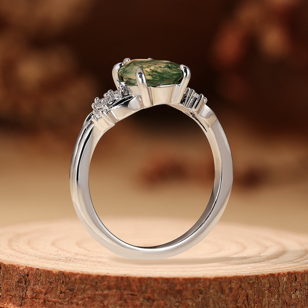 Unique Pear Shaped Moss Agate Nature Inspired Leaf Cluster Engagement Ring
