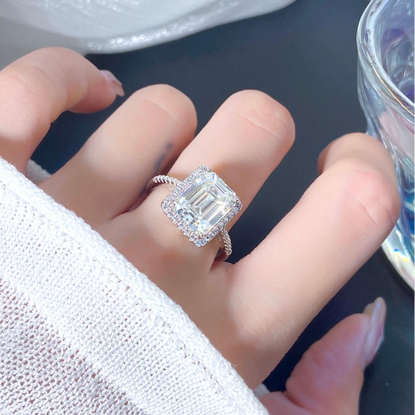 3.8 ct Emerald Cut Moissanite Halo Engagement Ring