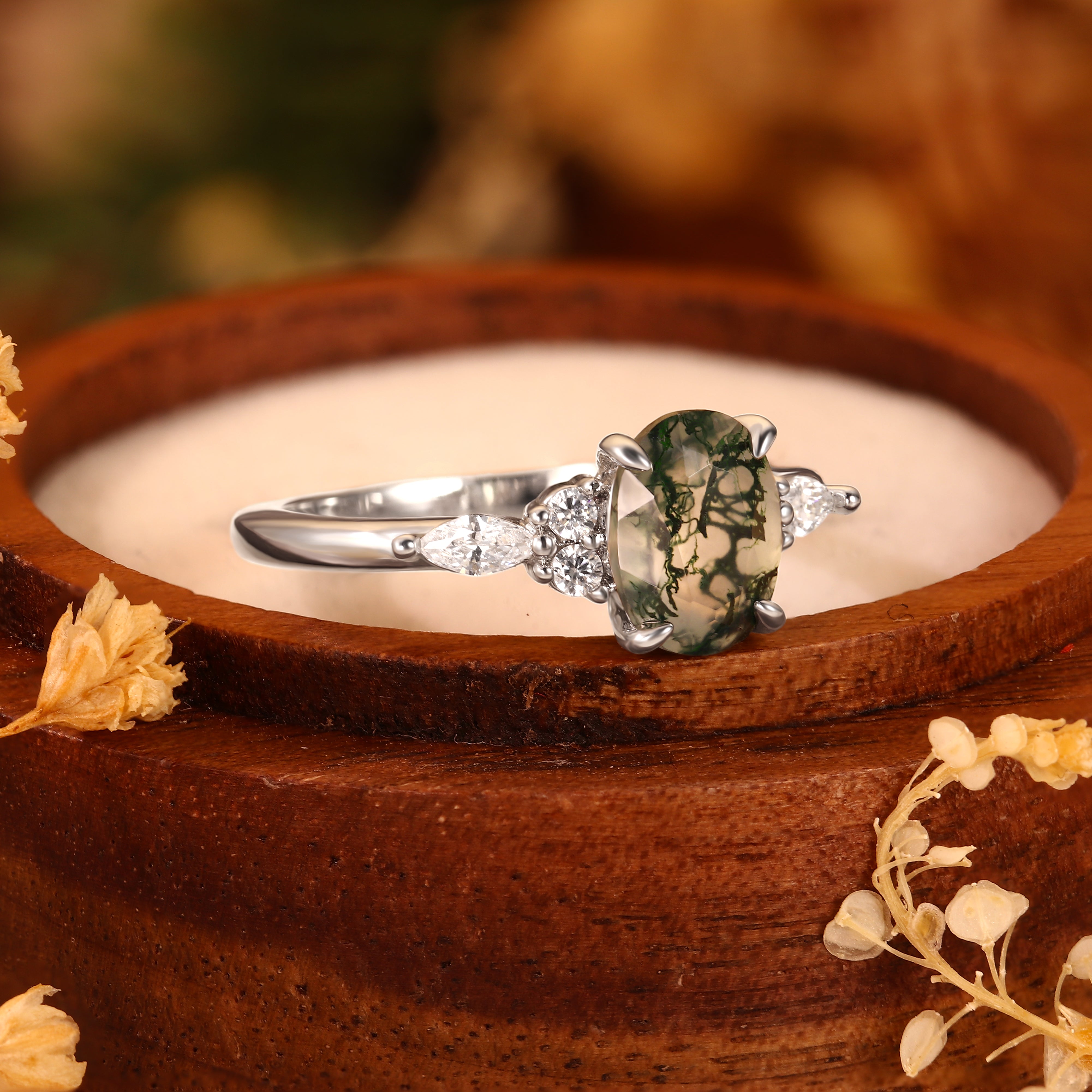 Vintage 6*8mm Oval Moss Agate Engagement Ring with Marquise Cluster Side Stones