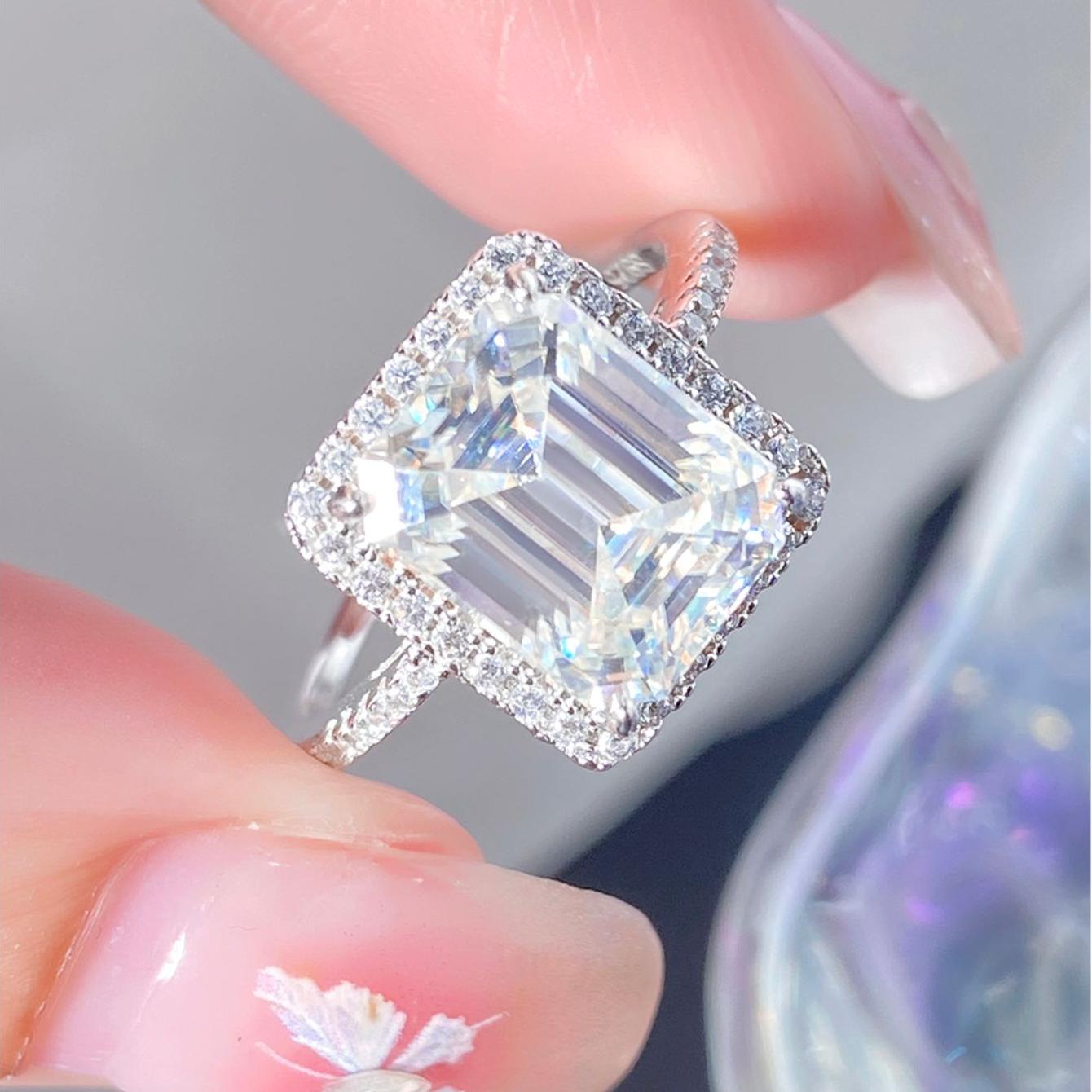 3.8 ct Emerald Cut Moissanite Halo Engagement Ring