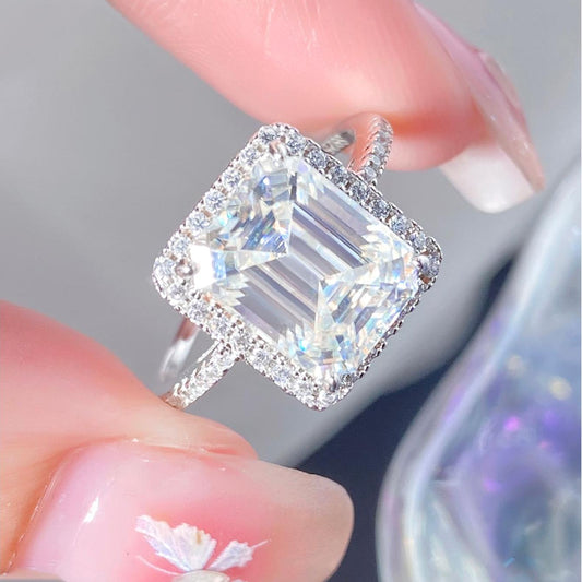 Emerald Cut Moissanite Halo Engagement Ring