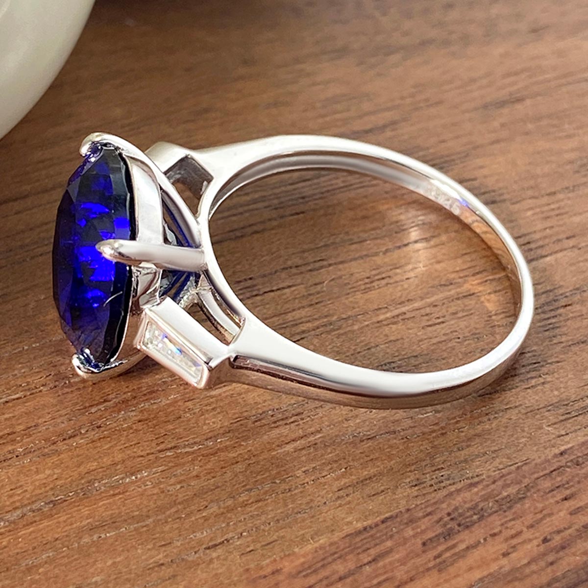 Round Lab Sapphire Three Stone Engagement Ring with Moissanite Side Stone