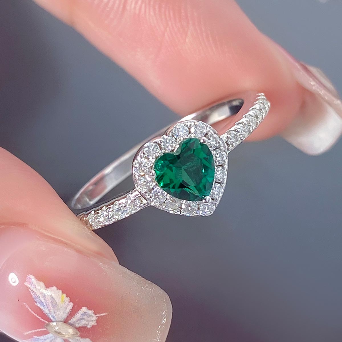 Heart Lab Emerald Halo Engagement Ring with Moissanite Side Stones