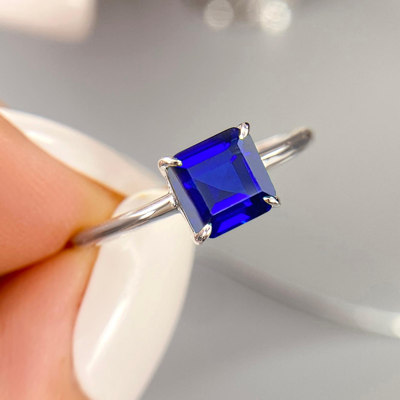 Asscher Lab Sapphire Solitaire Engagement Ring