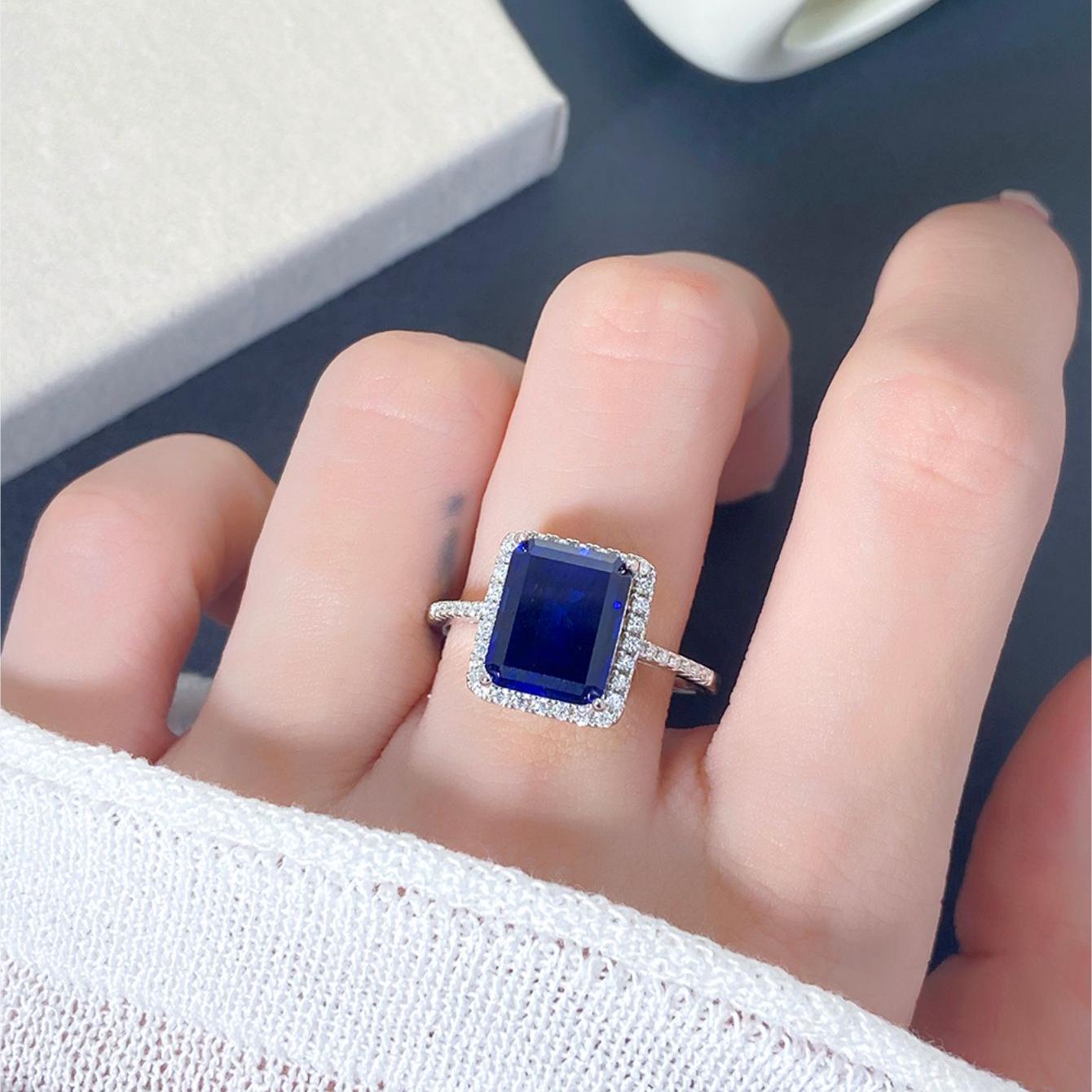 Emerald Cut Lab Sapphire Halo Engagement Ring
