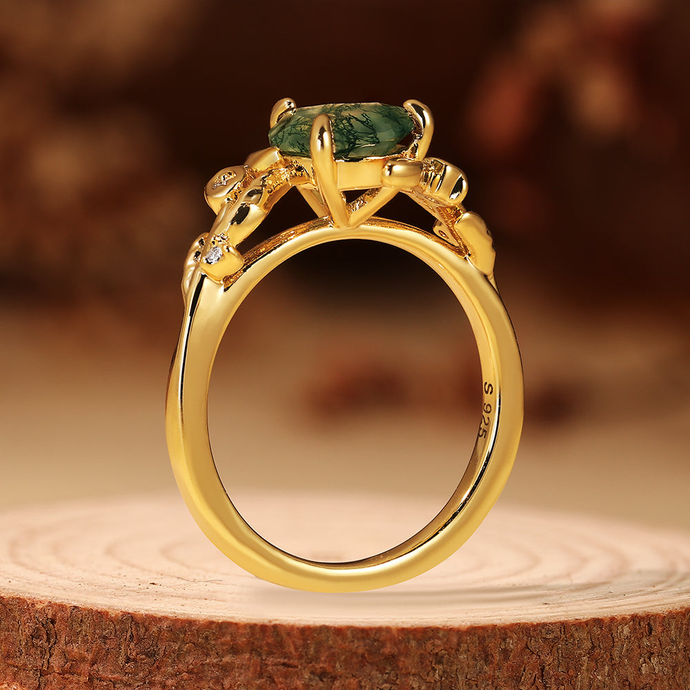 Nature Inspired Pear Cut Moss Agate Unique Forest Style Engagement Ring with Leaf Vine Details