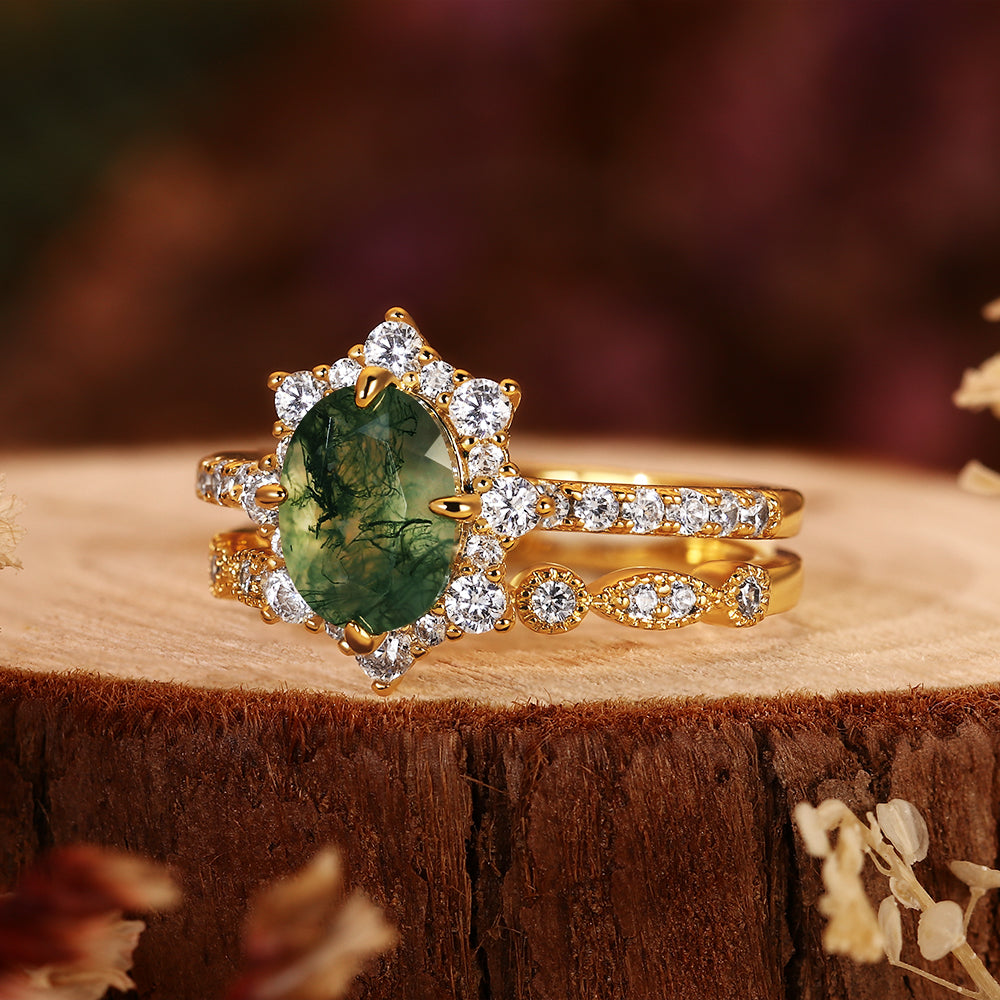 2PCS Oval Moss Agate Bridal Ring Set, Art Deco Starburst Halo Ring, Moissanite Wedding Band