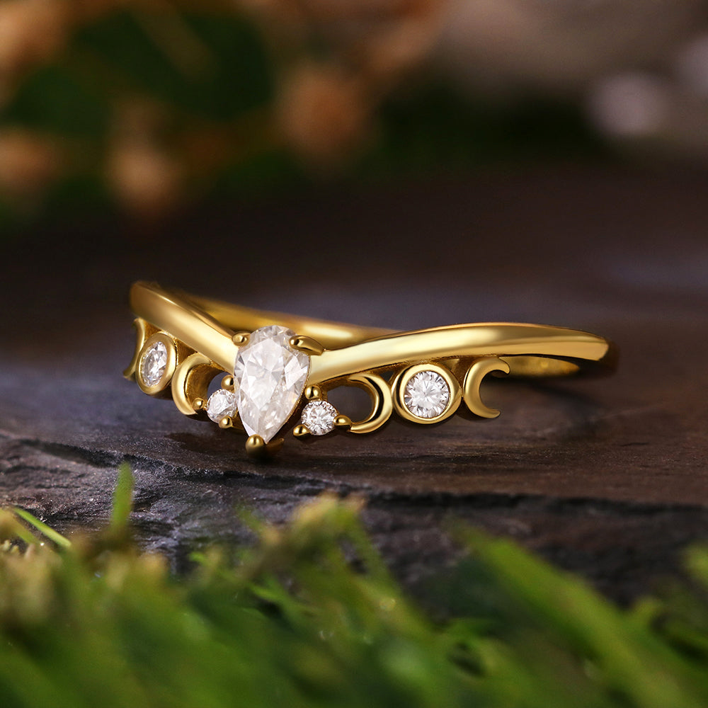 Pear Cut Moissanite Norse Viking Moon Wedding Band