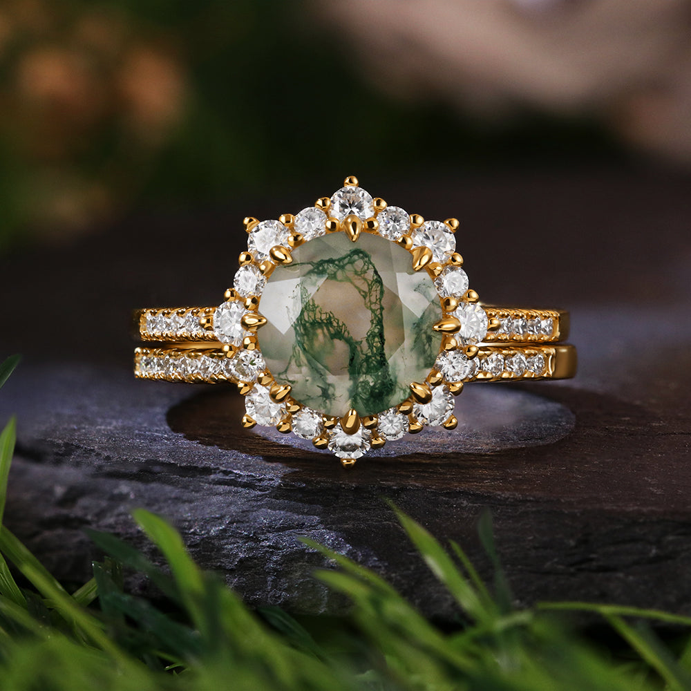 8mm Round Cut Moss Agate Halo Ring Bridal Set