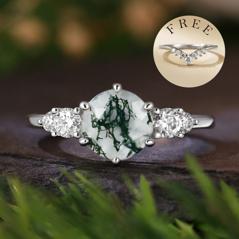 [Buy 1 Get 1 Free]7mm Round Cut Moss Agate Vintage Engagement Bridal Ring Set