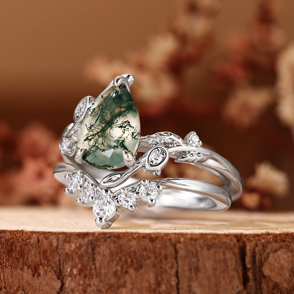 Pear Cut Moss Agate Nature Inspired Leaf Design Bridal Set with Matching Band