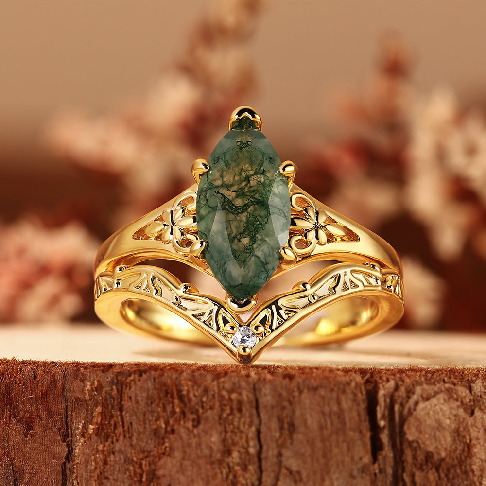 Nature Inspired Marquise Cut Moss Agate Bridal Ring Set with V-Shaped Matching Band