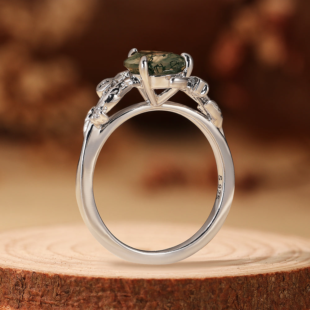 Nature Inspired Pear Cut Moss Agate Unique Forest Style Engagement Ring with Leaf Vine Details