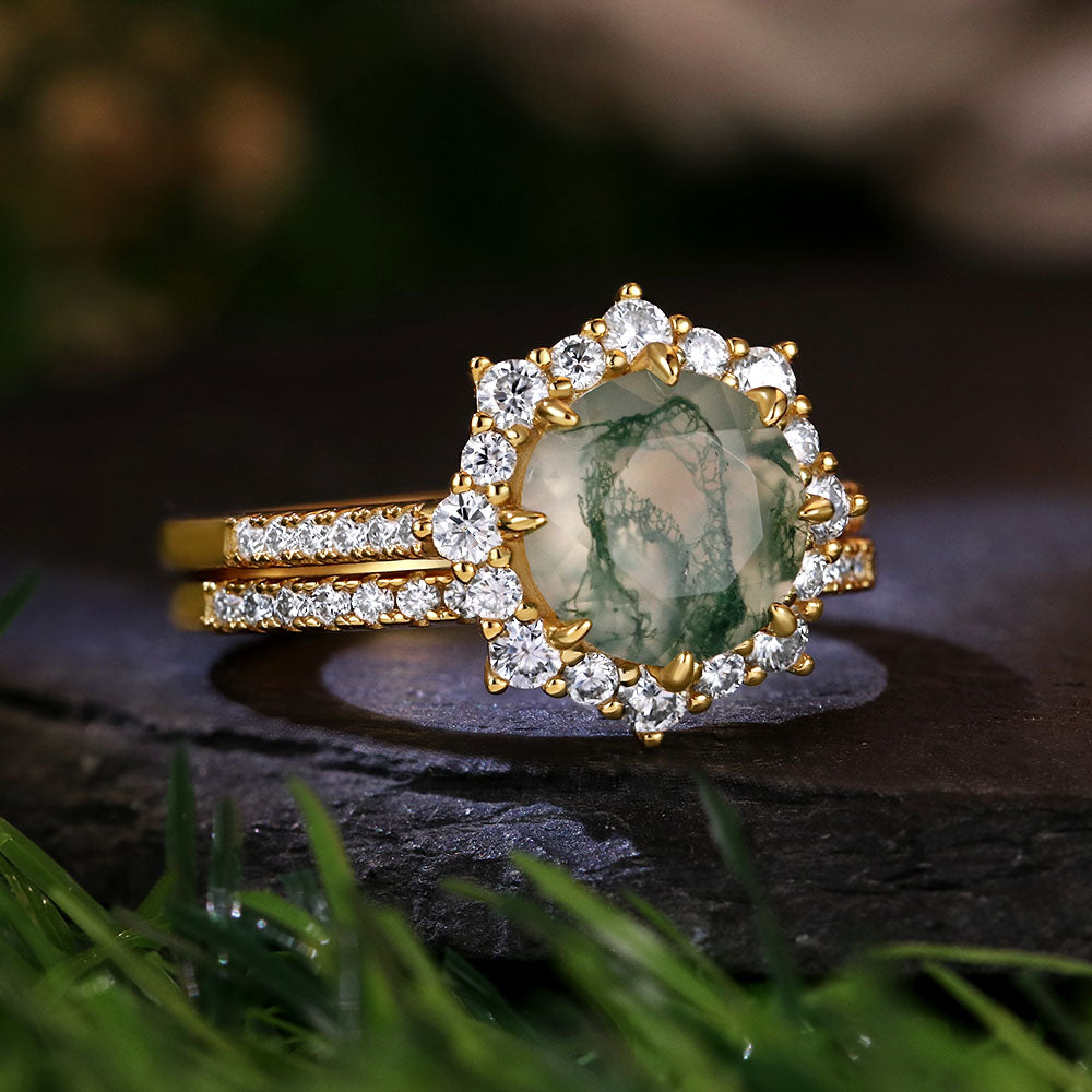 8mm Round Cut Moss Agate Halo Ring Bridal Set