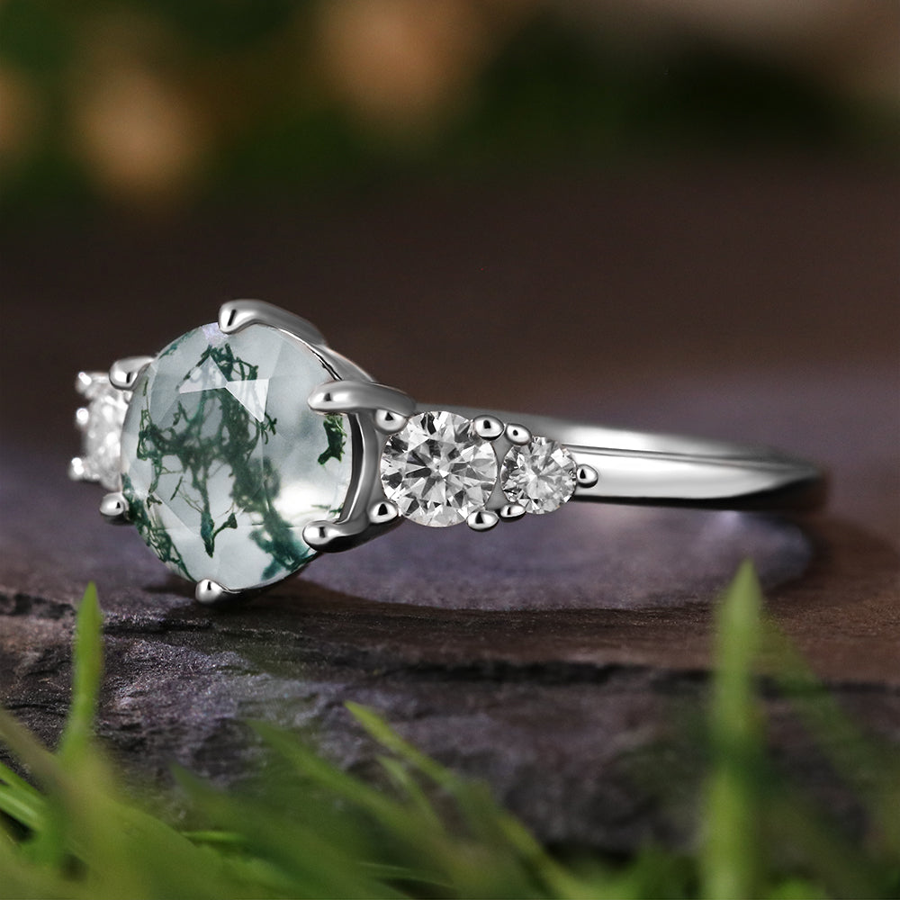 7mm Round Cut Moss Agate Vintage Engagement Ring