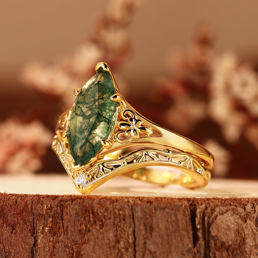 Nature Inspired Marquise Cut Moss Agate Bridal Ring Set with V-Shaped Matching Band