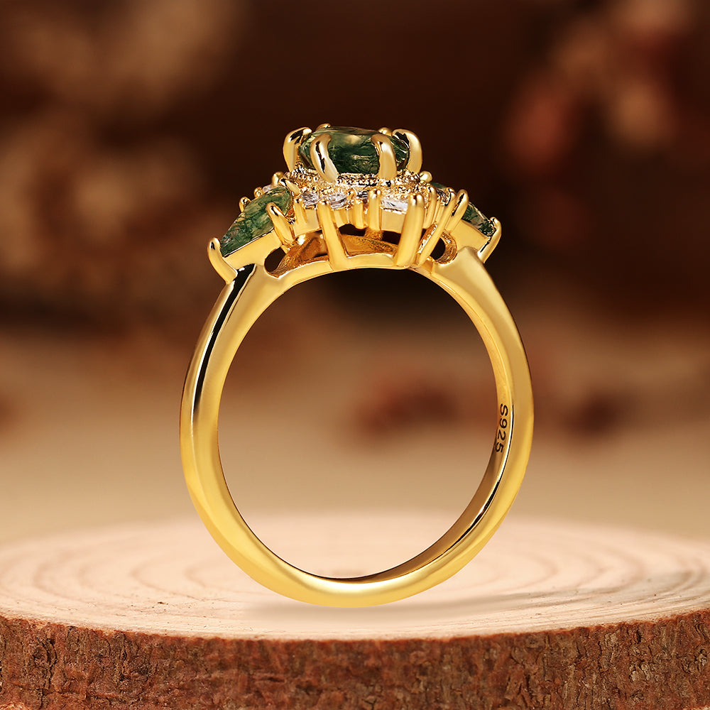Nature Inspired Vintage Oval Cut Moss Agate Unique Cluster Engagement Ring