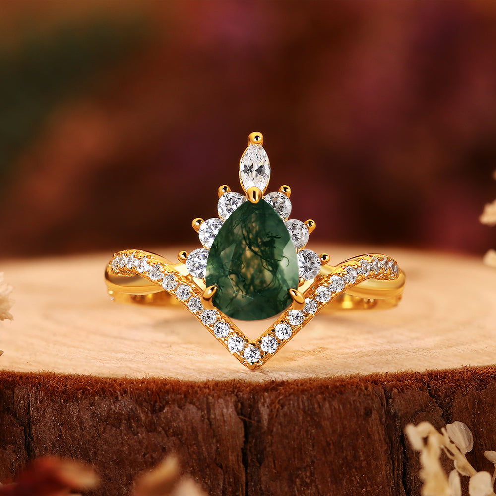Forest Whisper - Pear Cut Moss Agate Crown Ring with Moissanite Chevron Band, Nature Inspired Wedding Jewelry