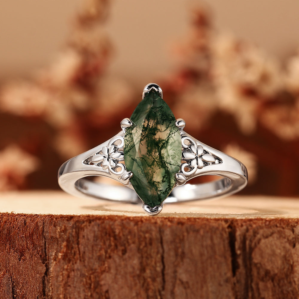 Marquise Cut Moss Agate Vintage Floral Filigree Engagement Ring