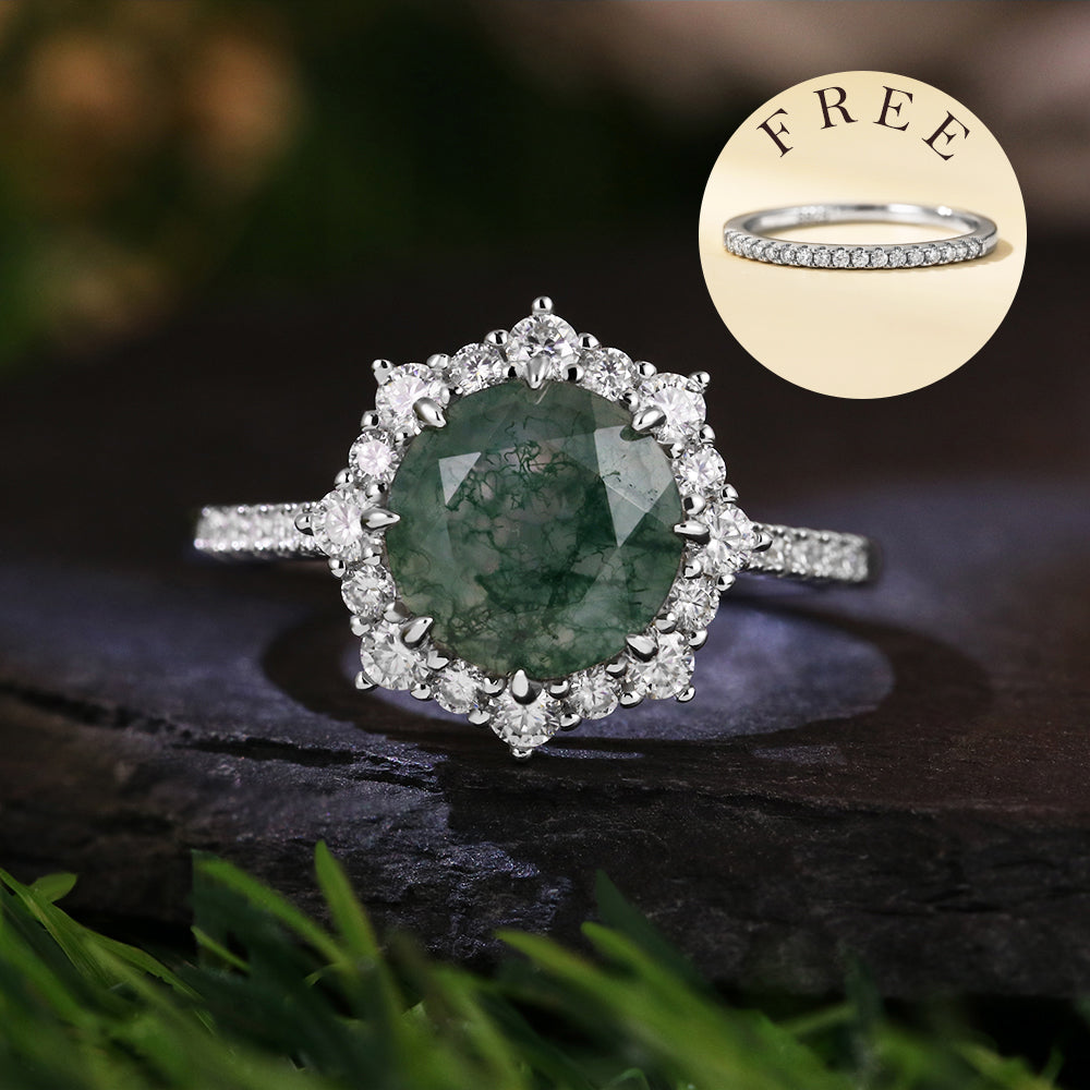 [Buy 1 Get 1 Free] 8mm Round Cut Moss Agate Halo Ring Bridal Set
