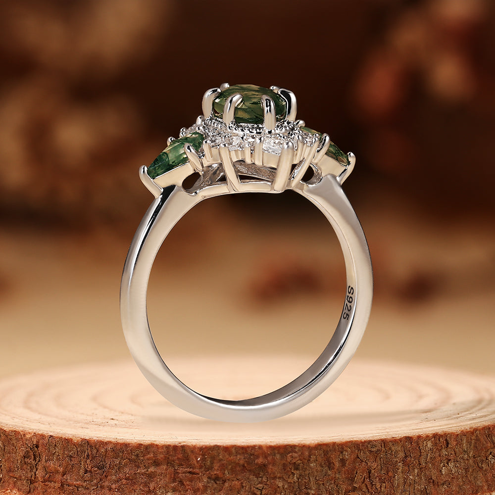 Nature Inspired Vintage Oval Cut Moss Agate Unique Cluster Engagement Ring