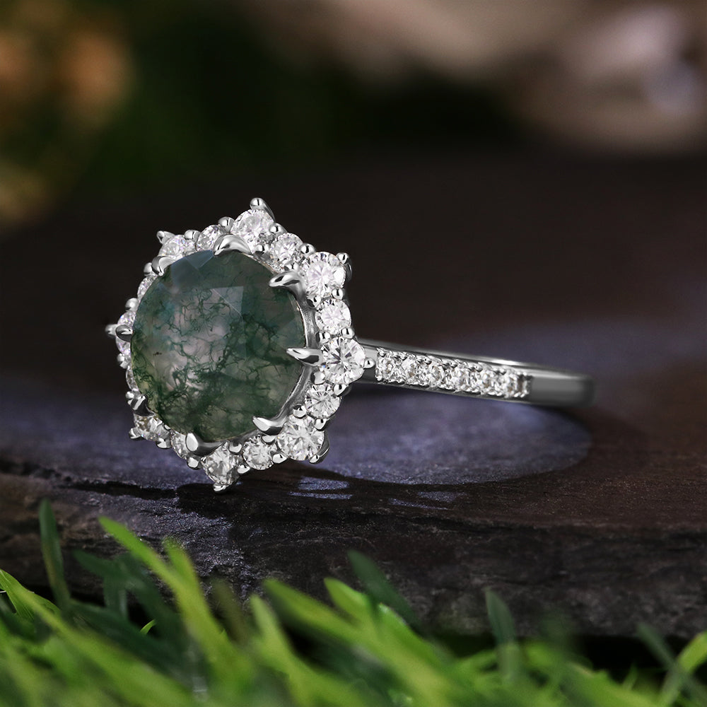 8mm Round Cut Moss Agate Vintage Halo Ring