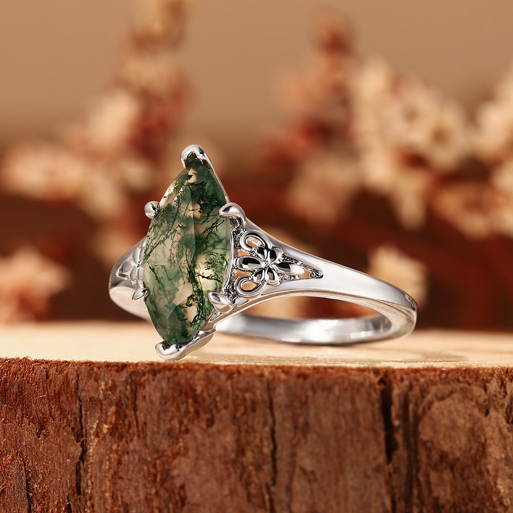 Marquise Cut Moss Agate Vintage Floral Filigree Engagement Ring