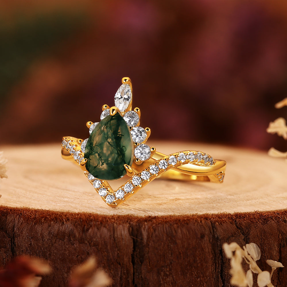Forest Whisper - Pear Cut Moss Agate Crown Ring with Moissanite Chevron Band, Nature Inspired Wedding Jewelry