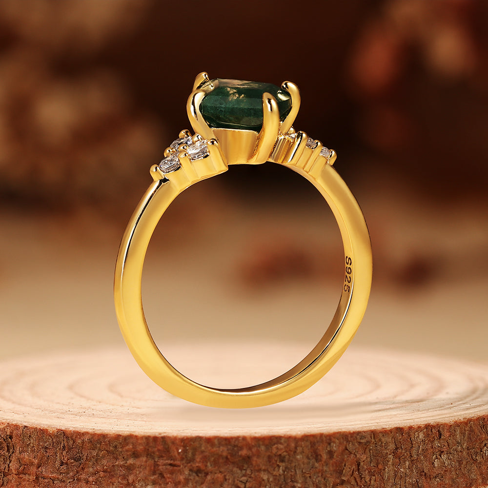 Vintage Kite Cut Moss Agate Cluster Engagement Ring