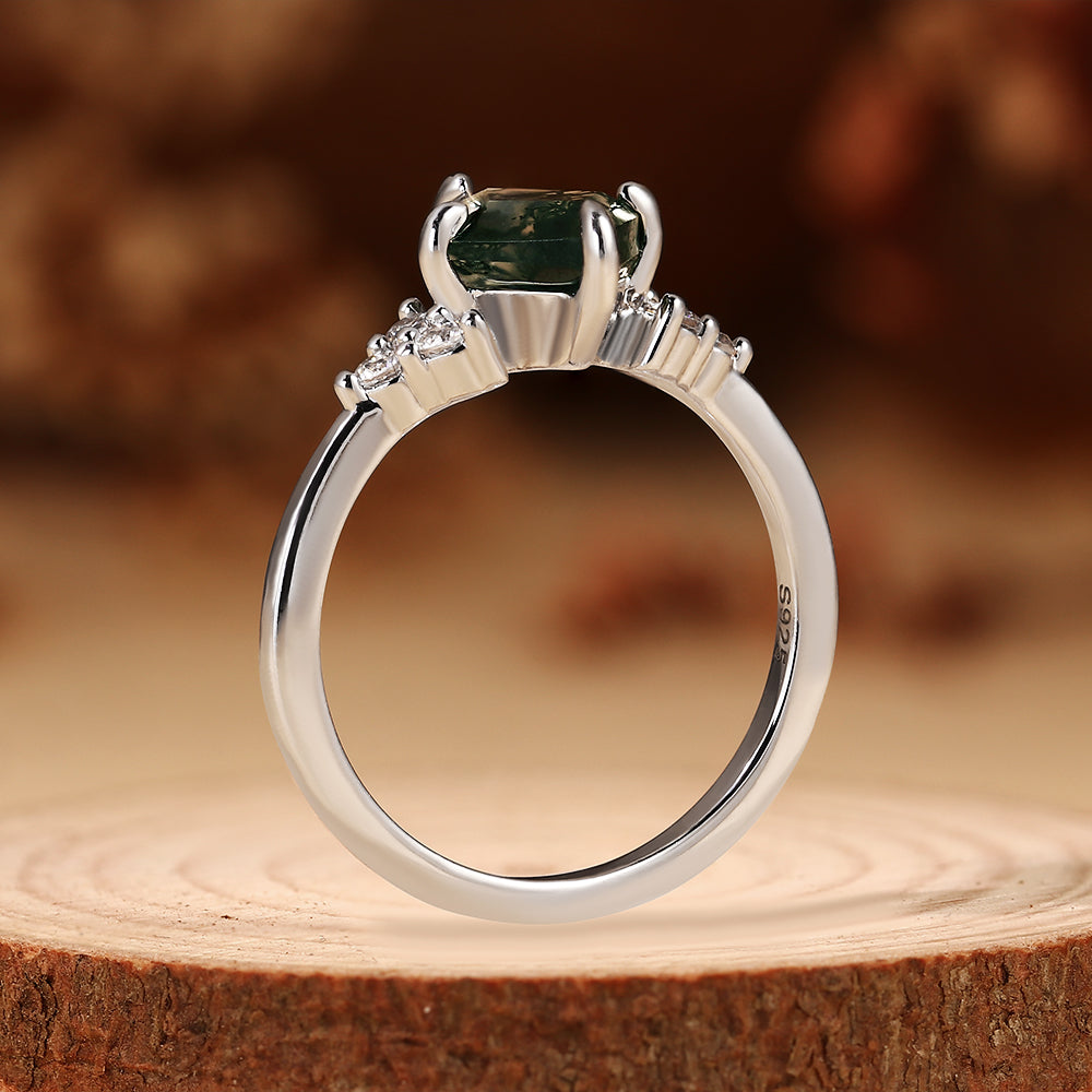 Vintage Kite Cut Moss Agate Cluster Engagement Ring