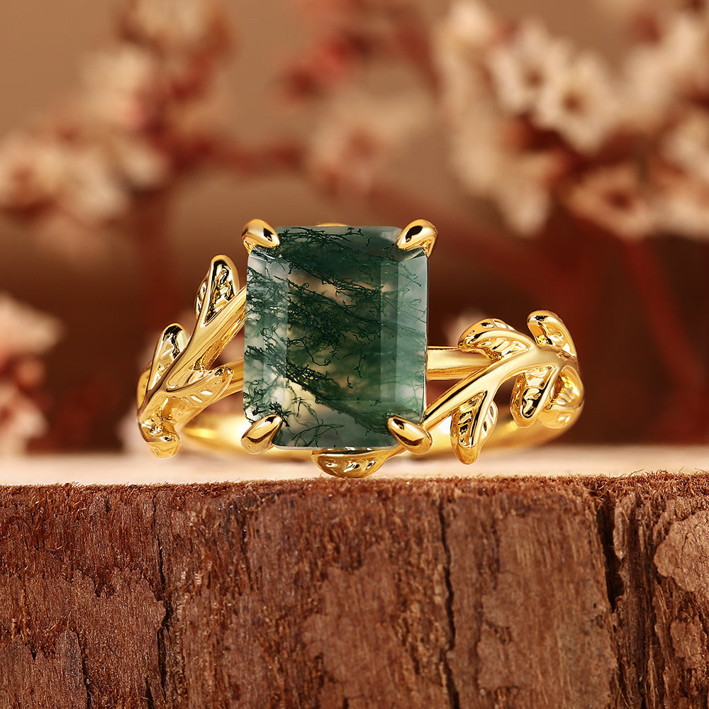 Vintage Emerald Cut Moss Agate Nature Inspired Leaf Branch Engagement Ring