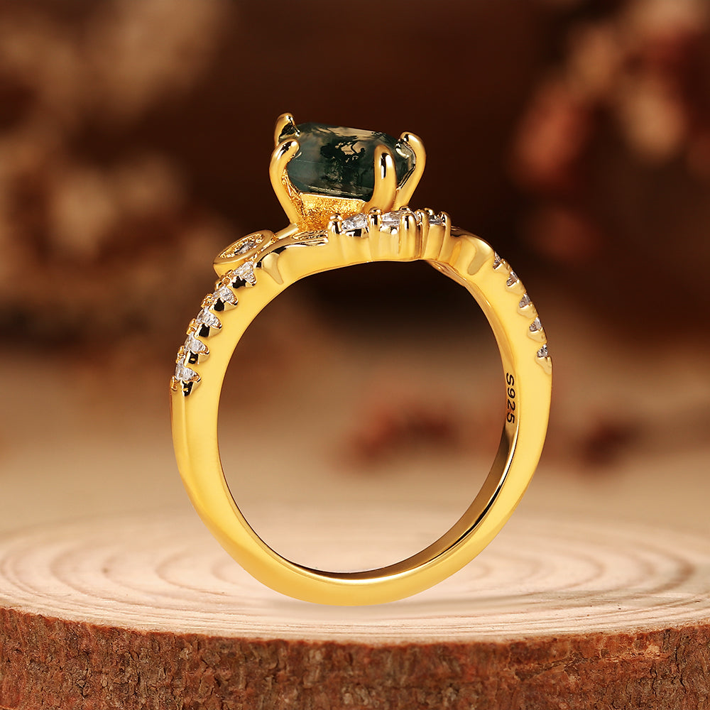 Elven Inspired Unique Kite Cut Moss Agate Engagement Ring