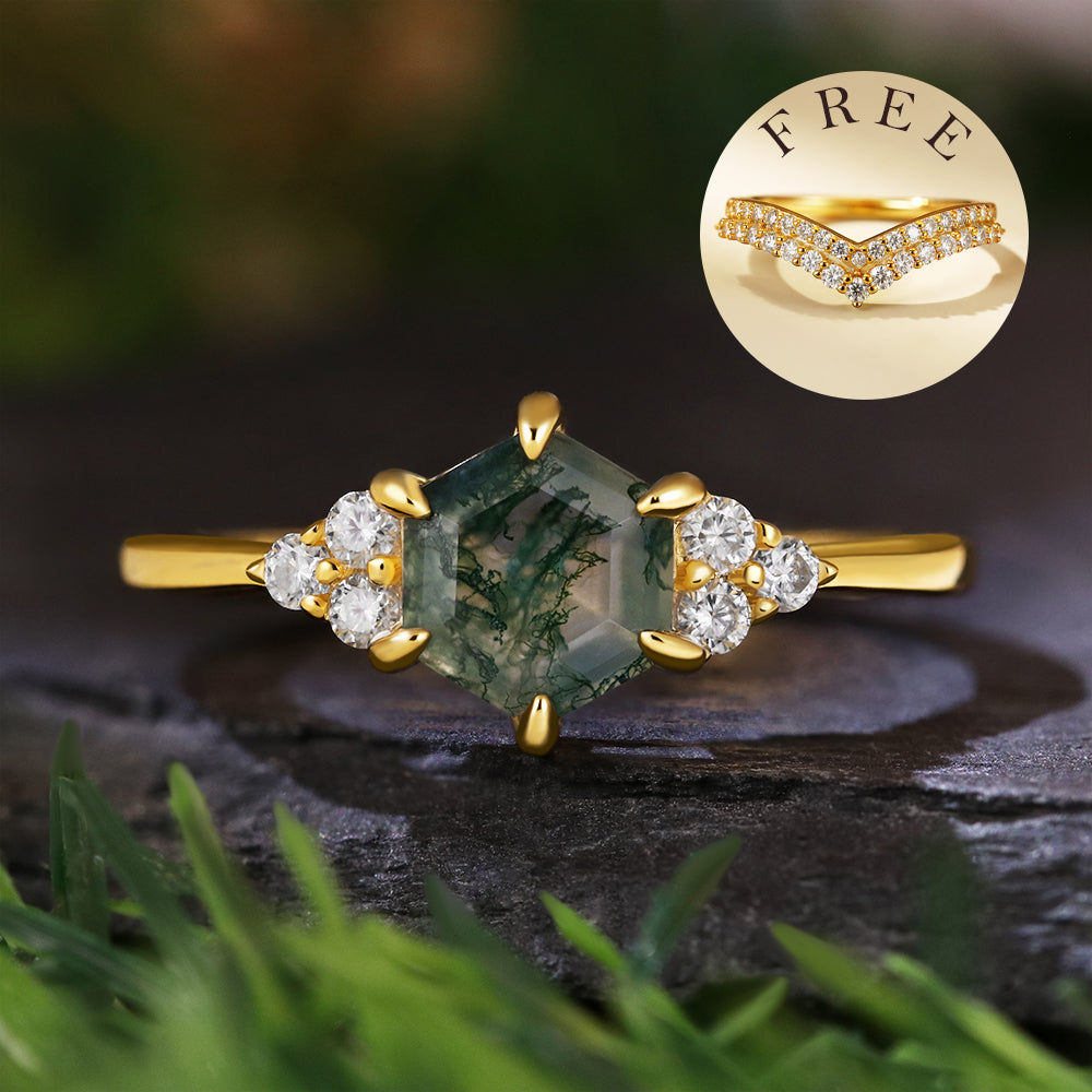 [Buy 1 Get 1 Free]Vintage Unique 6*6 Hexagon Cut Moss Agate Retro Claw 6 Pron Bridal Set