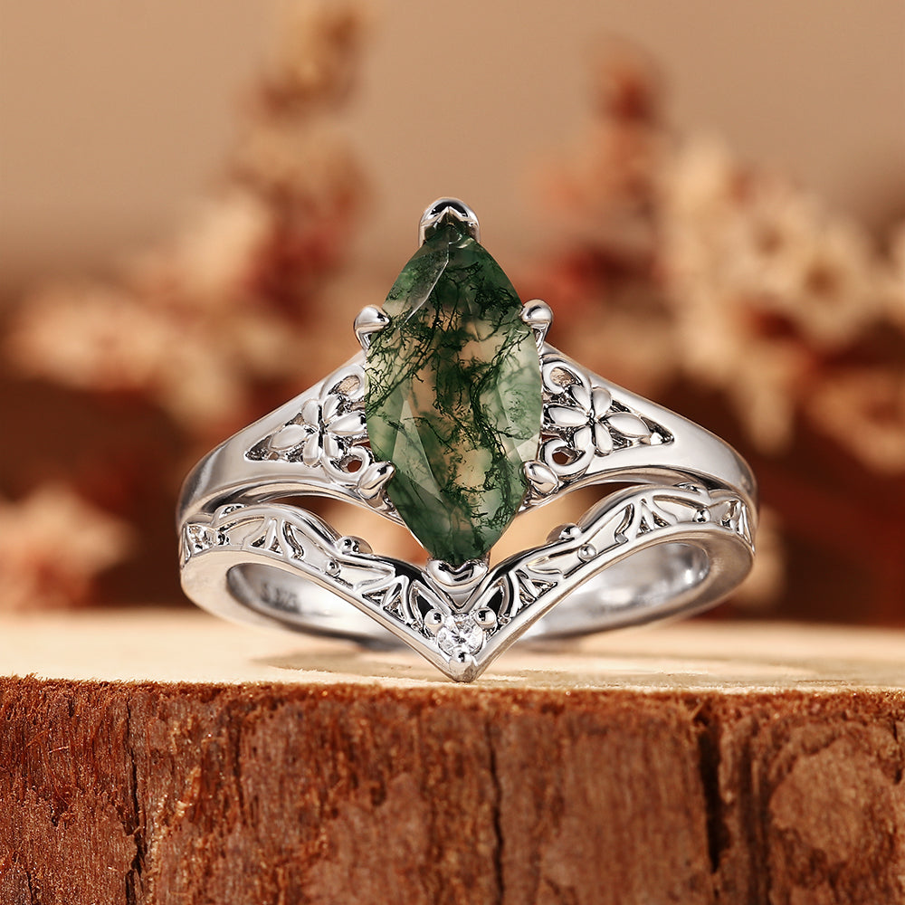 Nature Inspired Marquise Cut Moss Agate Bridal Ring Set with V-Shaped Matching Band