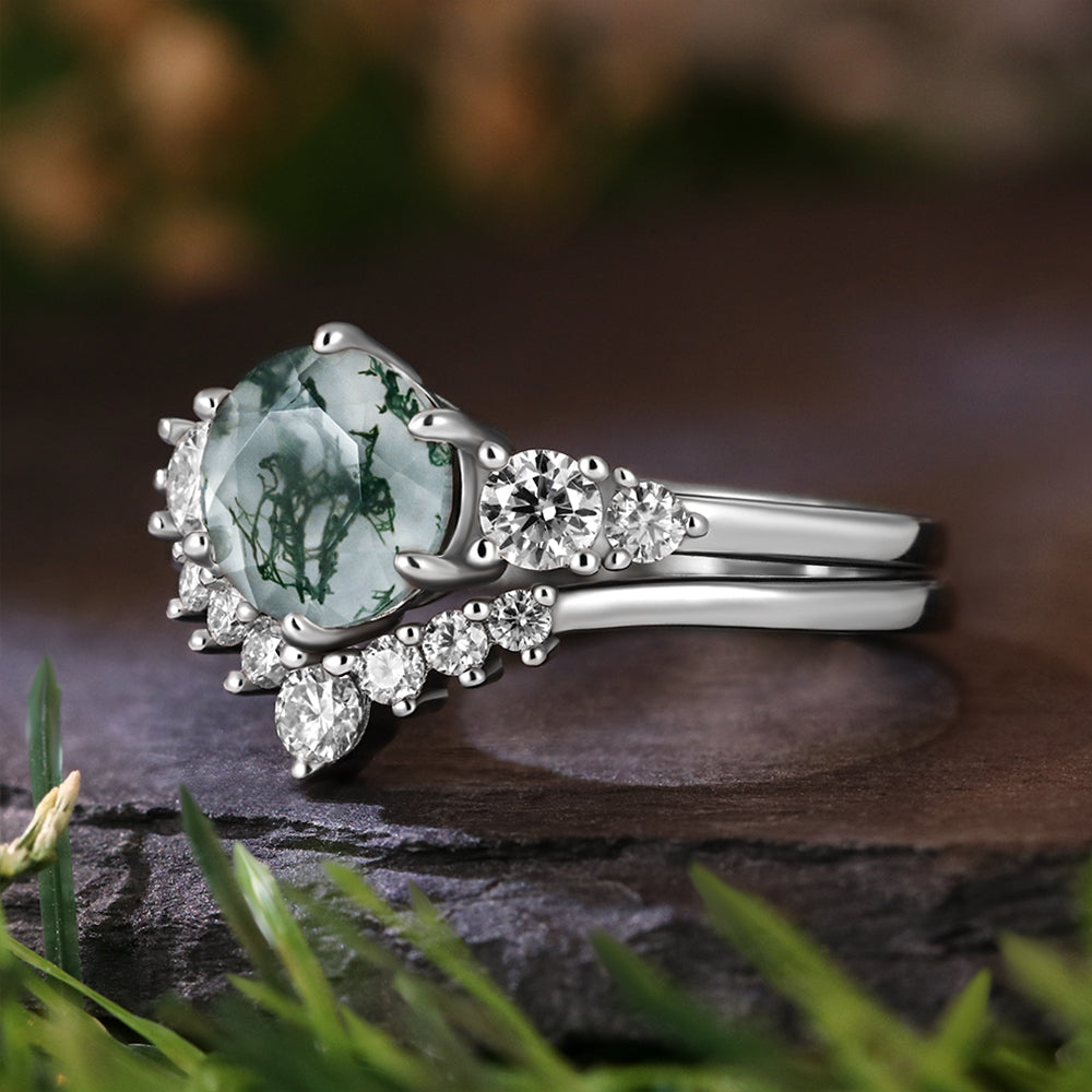 7mm Round Cut Moss Agate Vintage Engagement Bridal Ring Set