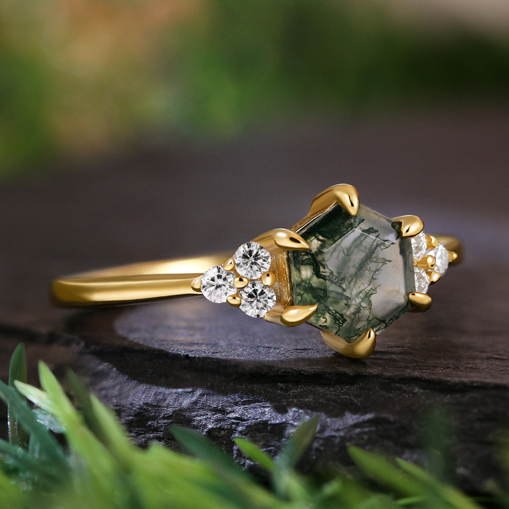 Vintage Unique 6*6 Hexagon Cut Moss Agate Retro Claw 6 Prong Engagement Ring