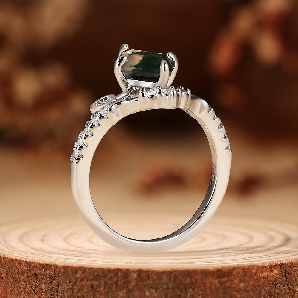 Elven Inspired Unique Kite Cut Moss Agate Engagement Ring