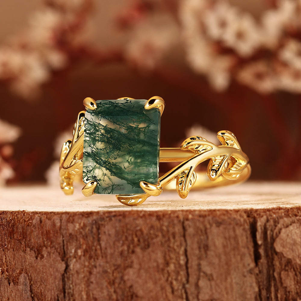 Vintage Emerald Cut Moss Agate Nature Inspired Leaf Branch Engagement Ring