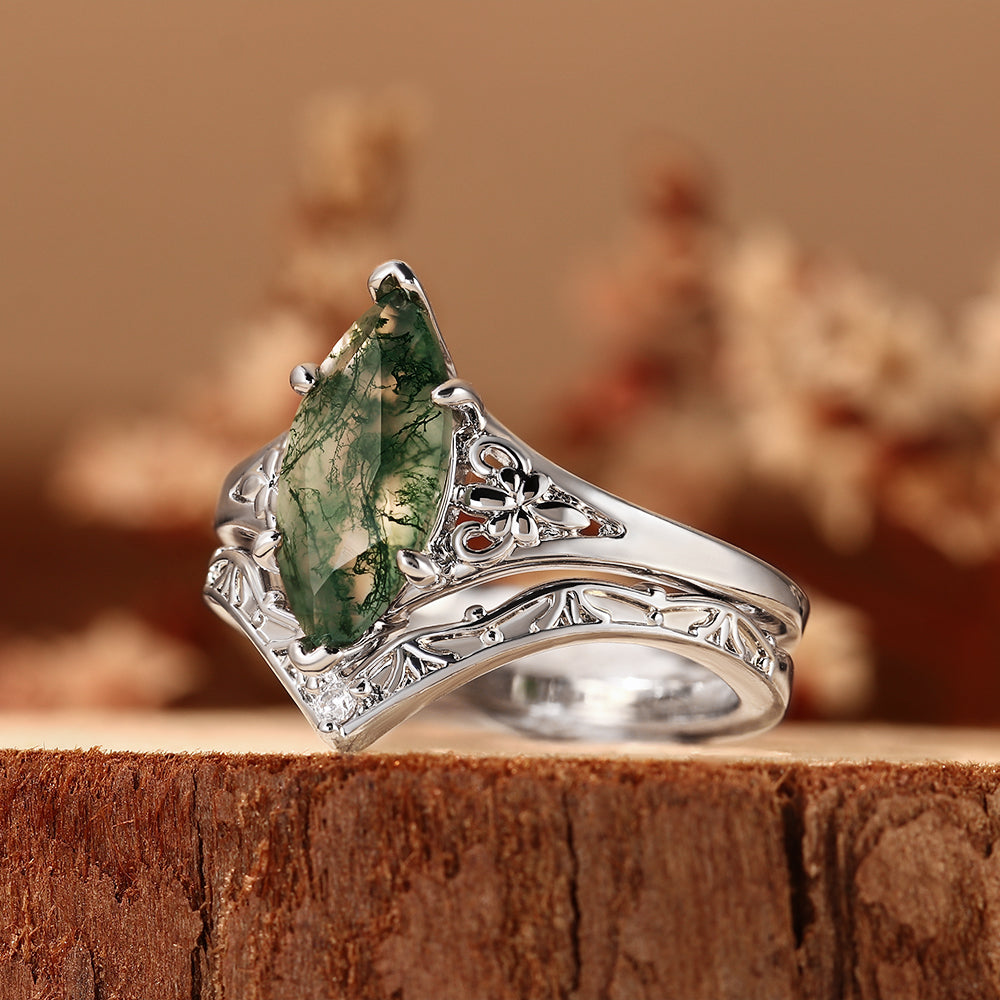 Nature Inspired Marquise Cut Moss Agate Bridal Ring Set with V-Shaped Matching Band
