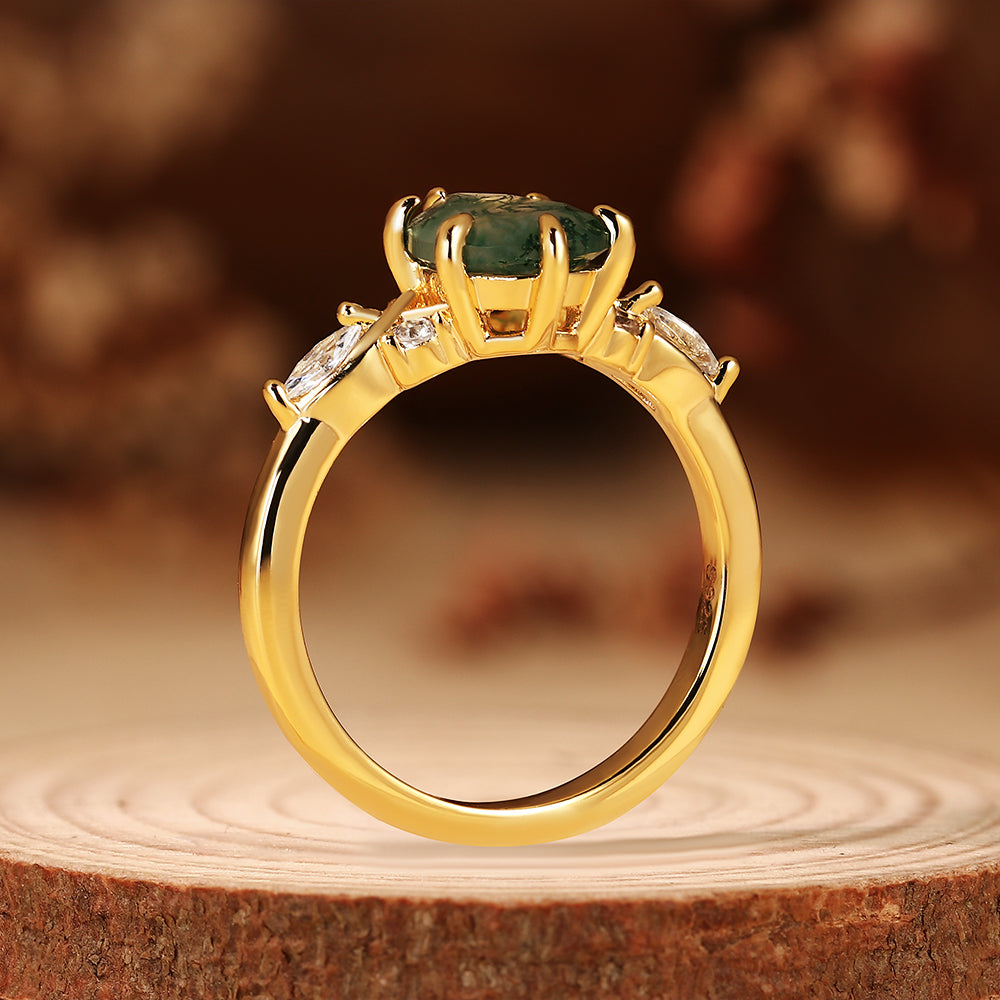 Pear Cut Moss Agate Nature Inspired Unique Teardrop Cluster Engagement Ring