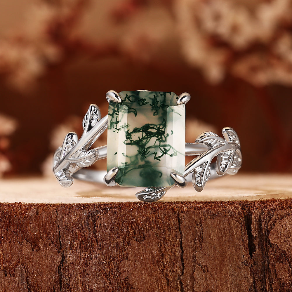 Vintage Emerald Cut Moss Agate Nature Inspired Leaf Branch Engagement Ring