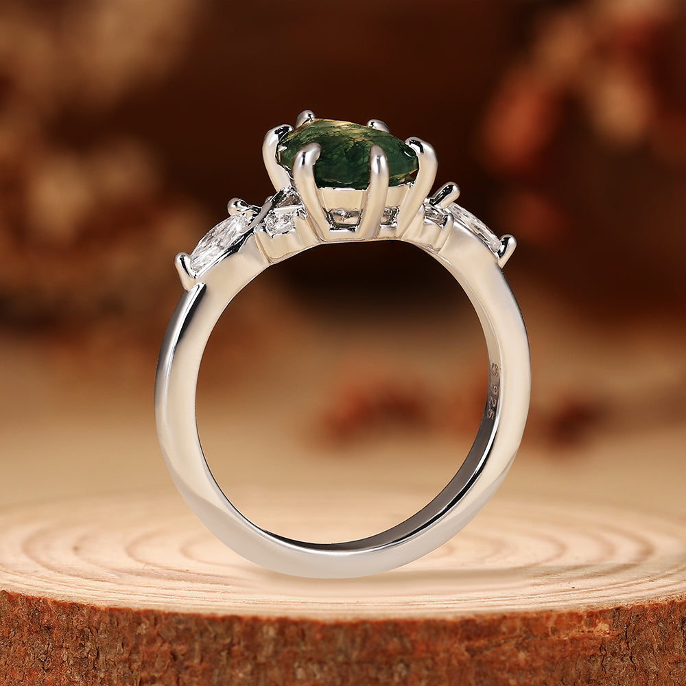 Pear Cut Moss Agate Nature Inspired Unique Teardrop Cluster Engagement Ring