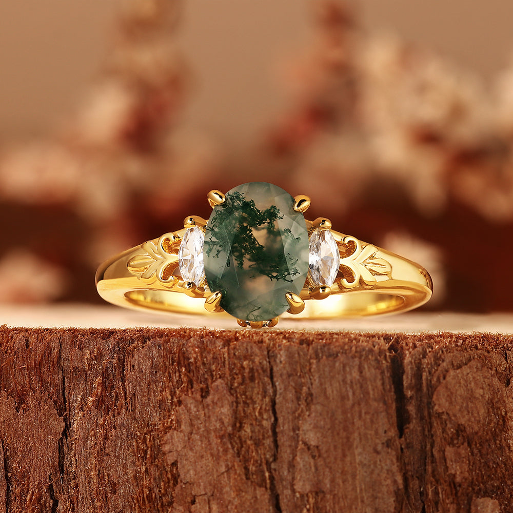 Nature Inspired Oval Cut Moss Agate Engagement Ring with Vintage Leaf Filigree