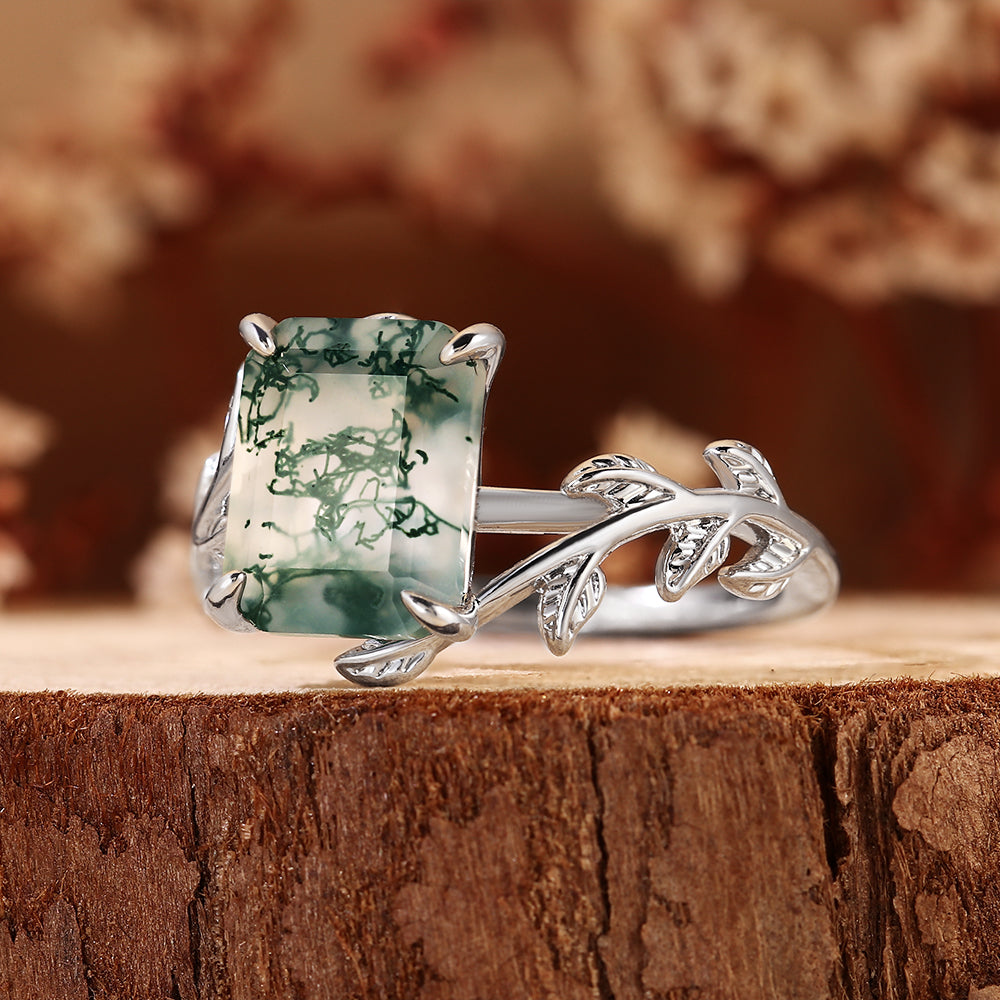 Vintage Emerald Cut Moss Agate Nature Inspired Leaf Branch Engagement Ring