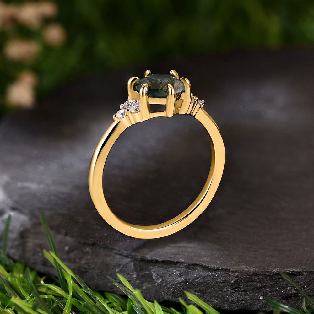 Vintage Unique 6*6 Hexagon Cut Moss Agate Retro Claw 6 Prong Engagement Ring