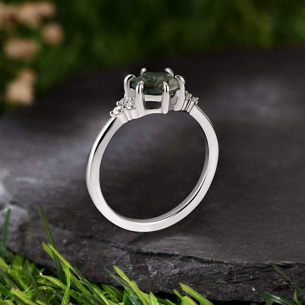 Vintage Unique 6*6 Hexagon Cut Moss Agate Retro Claw 6 Prong Engagement Ring
