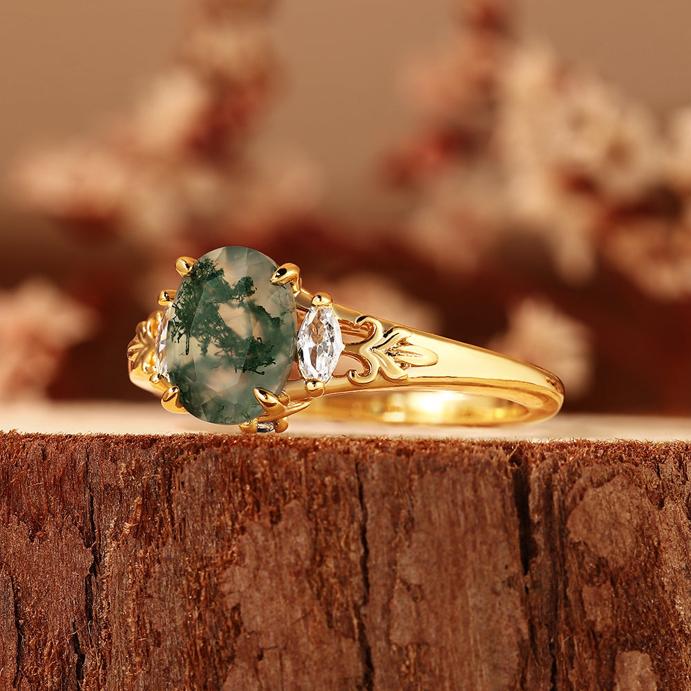 Nature Inspired Oval Cut Moss Agate Engagement Ring with Vintage Leaf Filigree