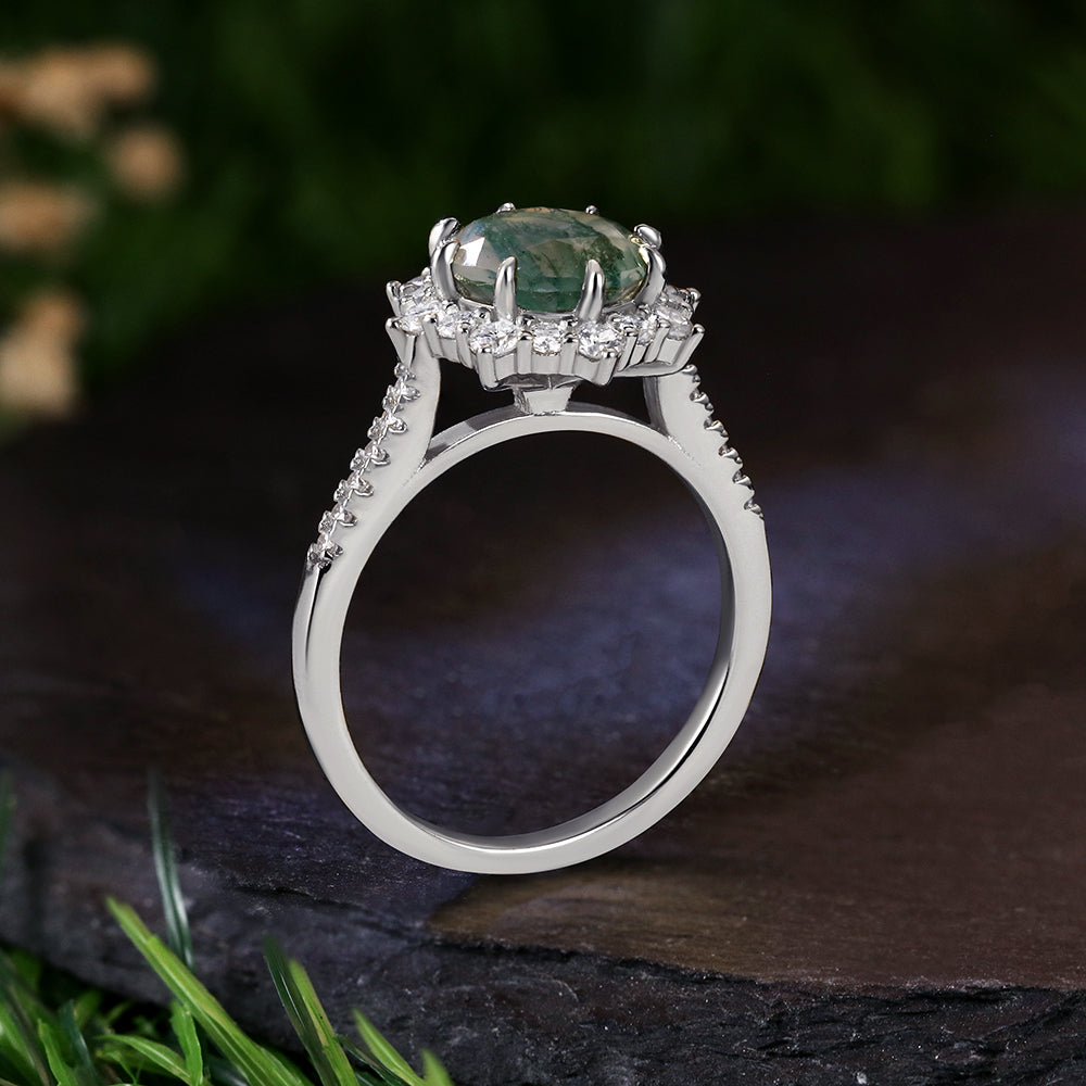 8mm Round Cut Moss Agate Vintage Halo Ring